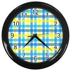 Gingham Plaid Yellow Aqua Blue Wall Clocks (black) by Simbadda