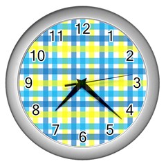 Gingham Plaid Yellow Aqua Blue Wall Clocks (silver)  by Simbadda