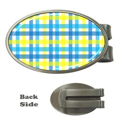 Gingham Plaid Yellow Aqua Blue Money Clips (oval)  by Simbadda