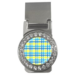 Gingham Plaid Yellow Aqua Blue Money Clips (cz)  by Simbadda