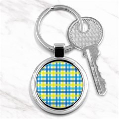 Gingham Plaid Yellow Aqua Blue Key Chains (round)  by Simbadda