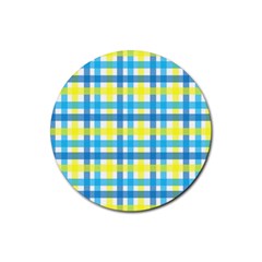 Gingham Plaid Yellow Aqua Blue Rubber Coaster (round)  by Simbadda