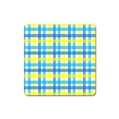 Gingham Plaid Yellow Aqua Blue Square Magnet by Simbadda