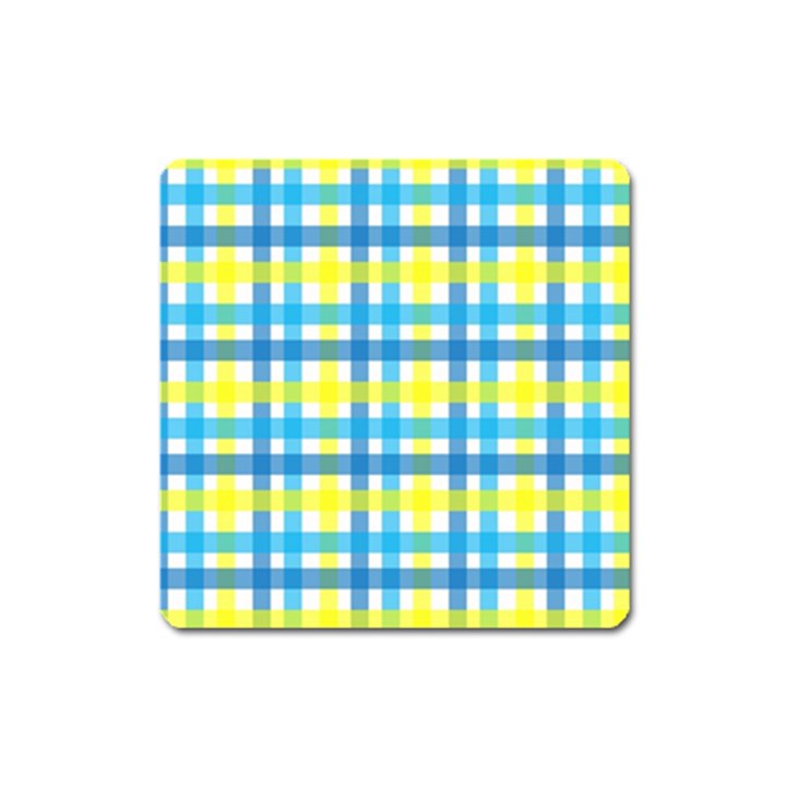 Gingham Plaid Yellow Aqua Blue Square Magnet