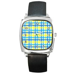 Gingham Plaid Yellow Aqua Blue Square Metal Watch by Simbadda