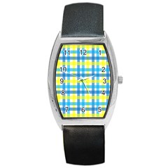 Gingham Plaid Yellow Aqua Blue Barrel Style Metal Watch by Simbadda