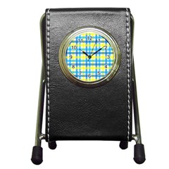 Gingham Plaid Yellow Aqua Blue Pen Holder Desk Clocks by Simbadda