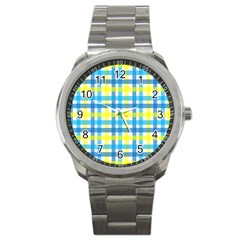 Gingham Plaid Yellow Aqua Blue Sport Metal Watch by Simbadda