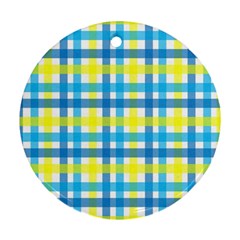 Gingham Plaid Yellow Aqua Blue Round Ornament (two Sides) by Simbadda