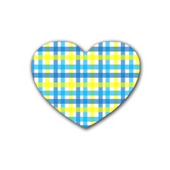 Gingham Plaid Yellow Aqua Blue Rubber Coaster (heart)  by Simbadda