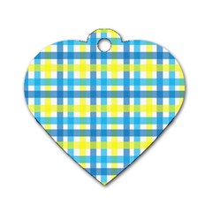 Gingham Plaid Yellow Aqua Blue Dog Tag Heart (one Side) by Simbadda