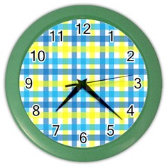 Gingham Plaid Yellow Aqua Blue Color Wall Clocks by Simbadda