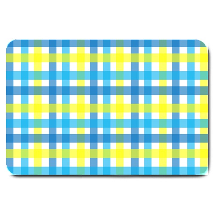 Gingham Plaid Yellow Aqua Blue Large Doormat 