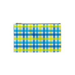 Gingham Plaid Yellow Aqua Blue Cosmetic Bag (small)  by Simbadda