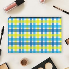 Gingham Plaid Yellow Aqua Blue Cosmetic Bag (large)  by Simbadda