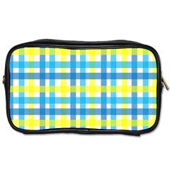 Gingham Plaid Yellow Aqua Blue Toiletries Bags by Simbadda