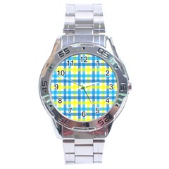 Gingham Plaid Yellow Aqua Blue Stainless Steel Analogue Watch by Simbadda