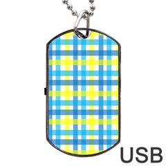 Gingham Plaid Yellow Aqua Blue Dog Tag Usb Flash (two Sides) by Simbadda