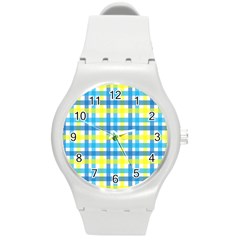 Gingham Plaid Yellow Aqua Blue Round Plastic Sport Watch (m) by Simbadda