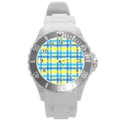 Gingham Plaid Yellow Aqua Blue Round Plastic Sport Watch (l) by Simbadda