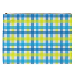 Gingham Plaid Yellow Aqua Blue Cosmetic Bag (xxl)  by Simbadda