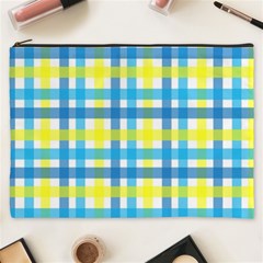 Gingham Plaid Yellow Aqua Blue Cosmetic Bag (xxxl)  by Simbadda