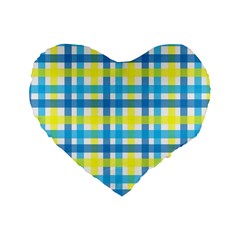 Gingham Plaid Yellow Aqua Blue Standard 16  Premium Heart Shape Cushions by Simbadda