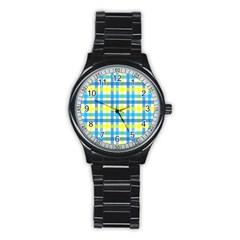 Gingham Plaid Yellow Aqua Blue Stainless Steel Round Watch by Simbadda