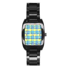 Gingham Plaid Yellow Aqua Blue Stainless Steel Barrel Watch by Simbadda