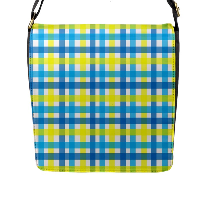 Gingham Plaid Yellow Aqua Blue Flap Messenger Bag (L) 