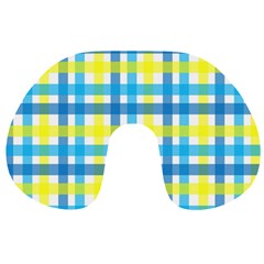 Gingham Plaid Yellow Aqua Blue Travel Neck Pillows by Simbadda