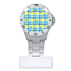 Gingham Plaid Yellow Aqua Blue Plastic Nurses Watch by Simbadda