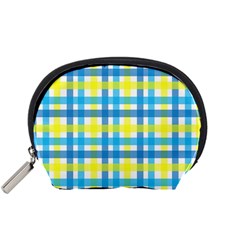 Gingham Plaid Yellow Aqua Blue Accessory Pouches (small)  by Simbadda