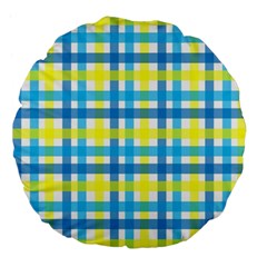 Gingham Plaid Yellow Aqua Blue Large 18  Premium Flano Round Cushions by Simbadda