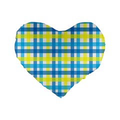 Gingham Plaid Yellow Aqua Blue Standard 16  Premium Flano Heart Shape Cushions by Simbadda