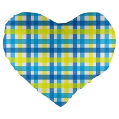 Gingham Plaid Yellow Aqua Blue Large 19  Premium Flano Heart Shape Cushions by Simbadda