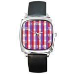 Gingham Pattern Checkered Violet Square Metal Watch Front