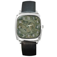 Vintage Background Green Leaves Square Metal Watch