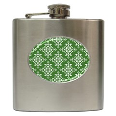 St Patrick S Day Damask Vintage Green Background Pattern Hip Flask (6 Oz) by Simbadda