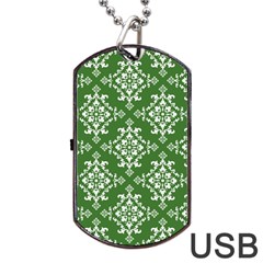 St Patrick S Day Damask Vintage Green Background Pattern Dog Tag Usb Flash (one Side) by Simbadda