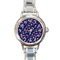 Flowers Roses Floral Flowery Blue Background Round Italian Charm Watch by Simbadda