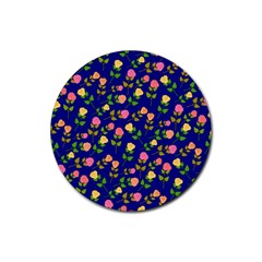 Flowers Roses Floral Flowery Blue Background Rubber Coaster (round)  by Simbadda