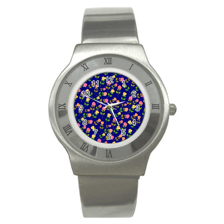 Flowers Roses Floral Flowery Blue Background Stainless Steel Watch