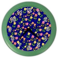 Flowers Roses Floral Flowery Blue Background Color Wall Clocks by Simbadda