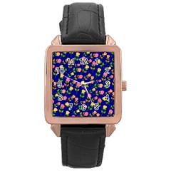 Flowers Roses Floral Flowery Blue Background Rose Gold Leather Watch 