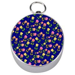 Flowers Roses Floral Flowery Blue Background Silver Compasses