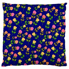 Flowers Roses Floral Flowery Blue Background Large Flano Cushion Case (one Side) by Simbadda