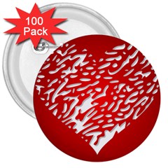 Heart Design Love Red 3  Buttons (100 Pack)  by Simbadda