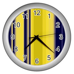 Yellow Blue Background Stripes Wall Clocks (Silver) 