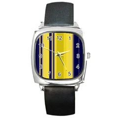 Yellow Blue Background Stripes Square Metal Watch